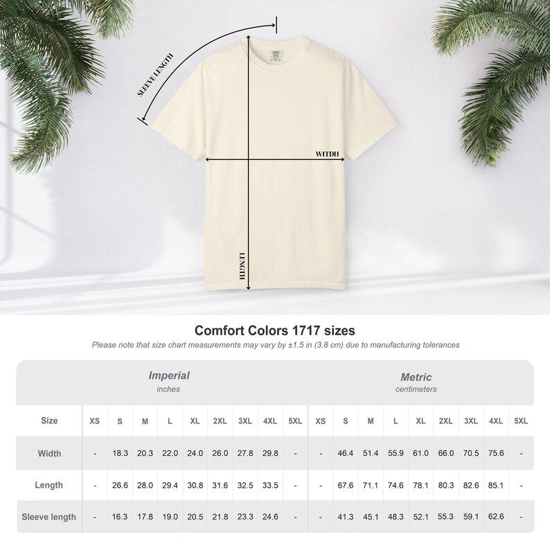 May include: Cream-colored Comfort Colors 1717 t-shirt with measurements chart. The chart shows width, length, and sleeve length in inches and centimeters. The shirt's width ranges from 18.3 to 29.8 inches.