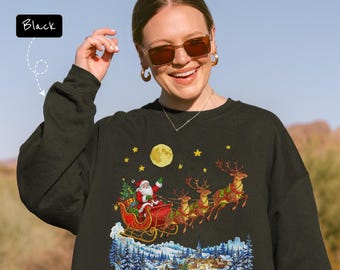 Watercolor Christmas Sweatshirt, Santa Sleigh, Snowy Village