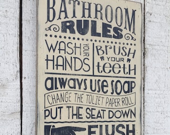 Bathroom Rules - large 11" x 24" distressed rustic hand painted wood sign, Children's bathroom wall decor, farmhouse style