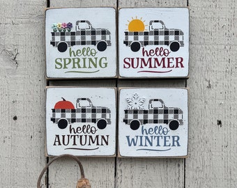 Mini Seasonal Tier Tray Sign: Buffalo Plaid Truck Decor, Spring, Summer, Fall, Winter Signs