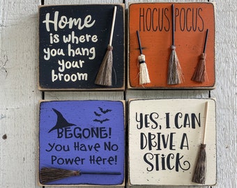 Halloween decoration, Witches broom sign, Halloween tiered tray, small 5.5" x 5.5" Halloween sign, Hocus Pocus