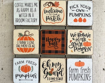 Mini Wooden Fall Signs: Halloween Decoration, Small 5" Pumpkin Sayings, Autumn Gift