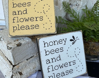Abeilles et fleurs de miel s’il vous plaît signe, décor de printemps, signe de plateau à plusieurs niveaux de 5,5 po, décor d’abeille