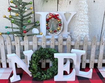JOY or NOEL letters with boxwood wreath or ornament, Christmas Farmhouse sign, Christmas mantel decor, Joy sign, Noel sign, 5" wood letters