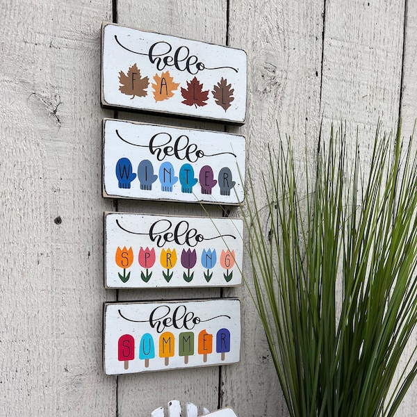 Mini seasonal signs, small 3.5"X7" Spring Summer Fall Winter signs, tier tray sign