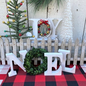 JOY or NOEL letters with boxwood wreath or ornament, Christmas Farmhouse sign, Christmas mantel decor, Joy sign, Noel sign, 5" wood letters