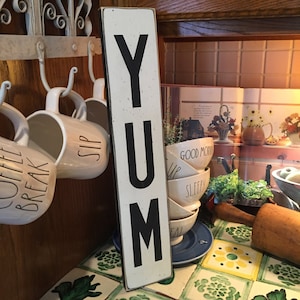 YUM sign, farmhouse kitchen decor, small 3.5&quot; x 18&quot; vertical sign, gift for cook, rustic white kitchen sign