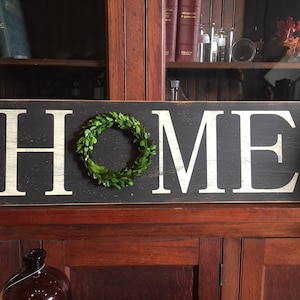 HOME sign with preserved boxwood wreath, farmhouse decor, fixer upper style, mantel decor, Holiday decor, distressed LARGE wood 11 x 36 sign