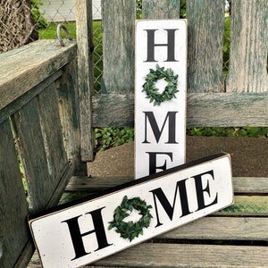 Home sign with faux boxwood wreath, small 3.5&quot; x 12&quot; vertical or horizontal wood sign, tiered tray sign, farmhouse decor