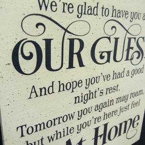 We're glad to have you as our guest, lake house, beach house, bed and breakfast sign, guest room sign 11x11 image 2