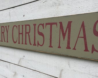 Hand Painted Merry Christmas Wood Sign, Rustic Holiday Mantel Decor