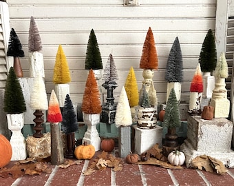Vintage fall decoration: Fall bottle brush trees with antique spindle, Autumn home accent (Fall #2)
