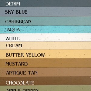 May include: A color chart with 16 different paint colors, including pink, grey, navy, denim, sky blue, caribbean, aqua, white, cream, butter yellow, mustard, antique tan, chocolate, apple green, sage, red, and black.