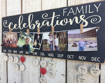 Family birthday board with pictures, Family celebrations sign, gift for mom, family wall gallery, Family gift, BUY 2 get 1 FREE, many colors