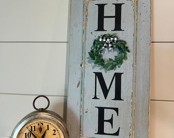 Home sign with faux boxwood wreath, vintage hand painted door panel 14.5"x6.5", rustic handmade one of a kind sign, small antique sign