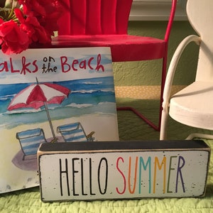 Hello summer sign, summer decor, small tiered tray summer sign, mini summer shelf sitter 2" x 6" sign