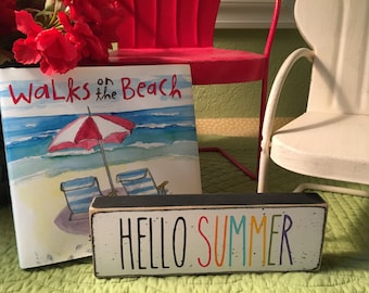 Hello summer sign, summer decor, small tiered tray summer sign, mini summer shelf sitter 2" x 6" sign