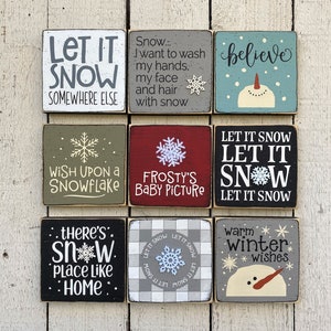 small Winter decoration, mini 5.5" Christmas sign, let it snow sign, winter tier tray decor, warm winter wishes