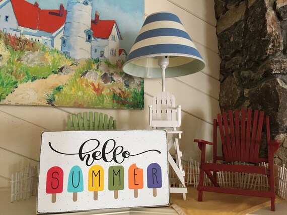 Hand Painted Hello Summer Sign: Distressed Tiered Tray Decor, Mini Popsicle Sign