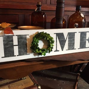 HOME sign with preserved boxwood wreath, farmhouse decor, fixer upper style, mantel decor, distressed white large wood 7" x 30" sign