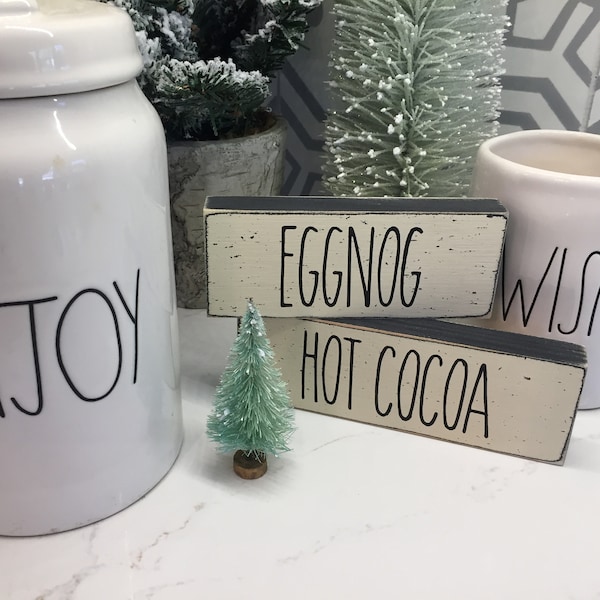 Eggnog & Hot Cocoa Mini Sign: Winter Tiered Shelf Decor, Kitchen Hot Chocolate Bar