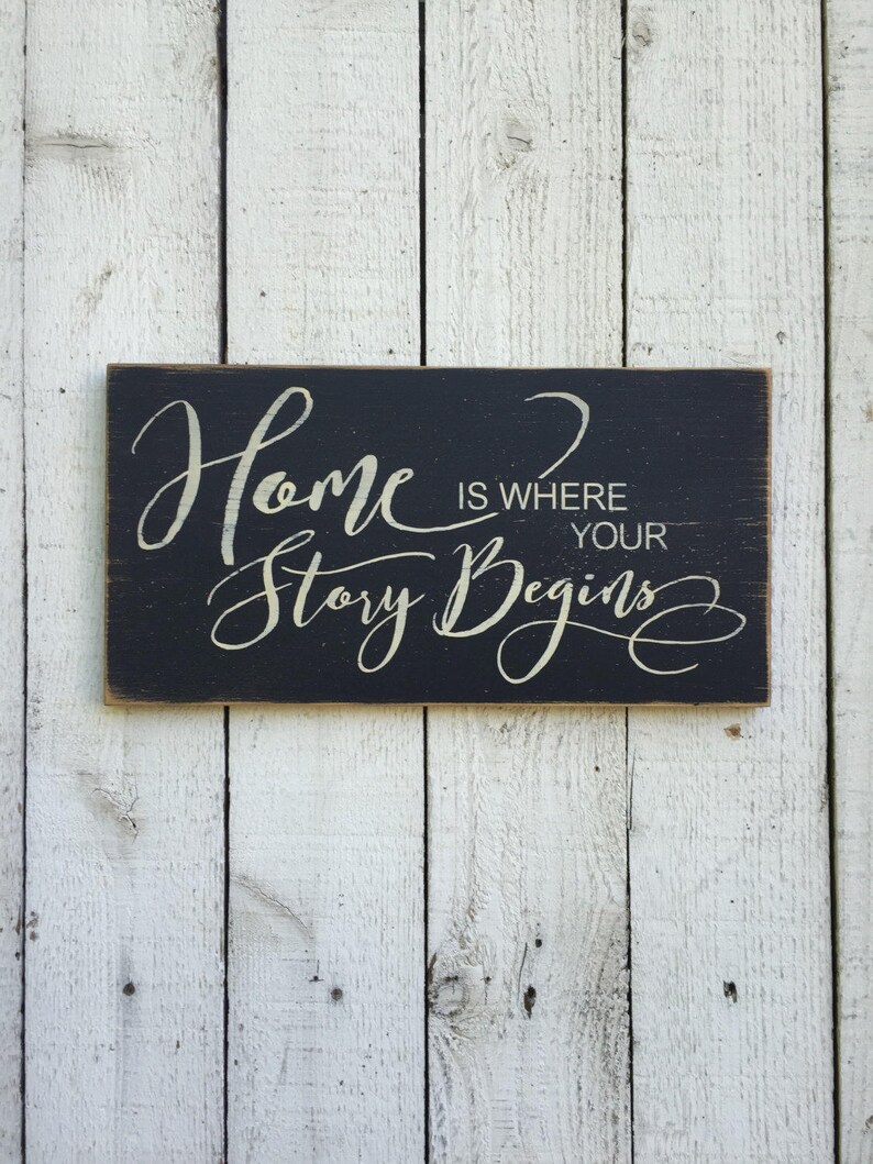 wedding sign gallery wall decor our story begins Home is where your story begins distressed 11 x 24 wood sign wedding gift