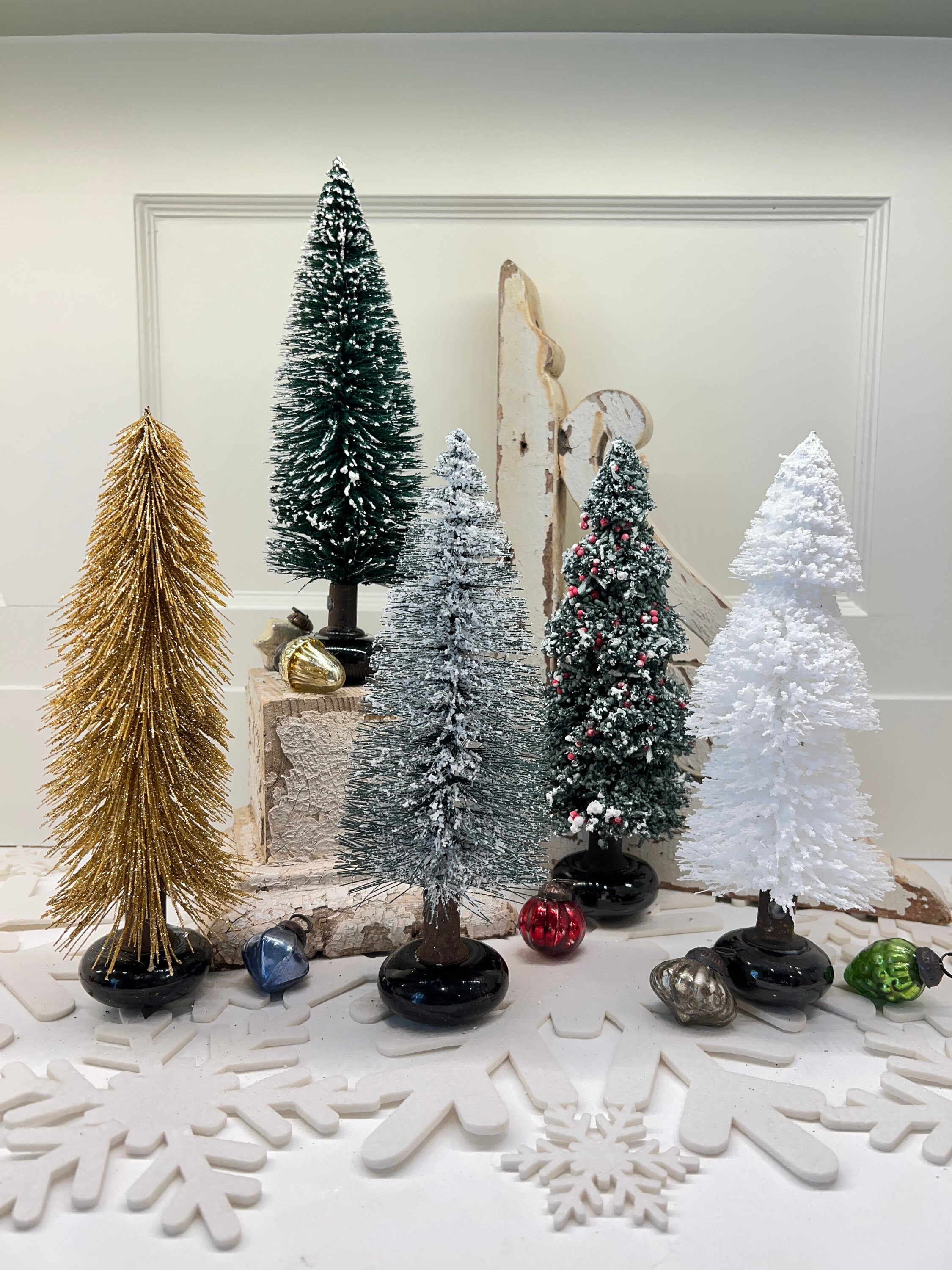 Christmas Bottle Brush Trees With Antique Porcelain Doorknobs
