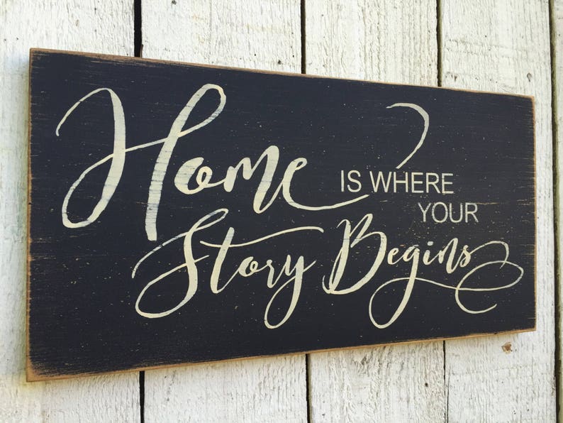 wedding sign gallery wall decor our story begins Home is where your story begins distressed 11 x 24 wood sign wedding gift