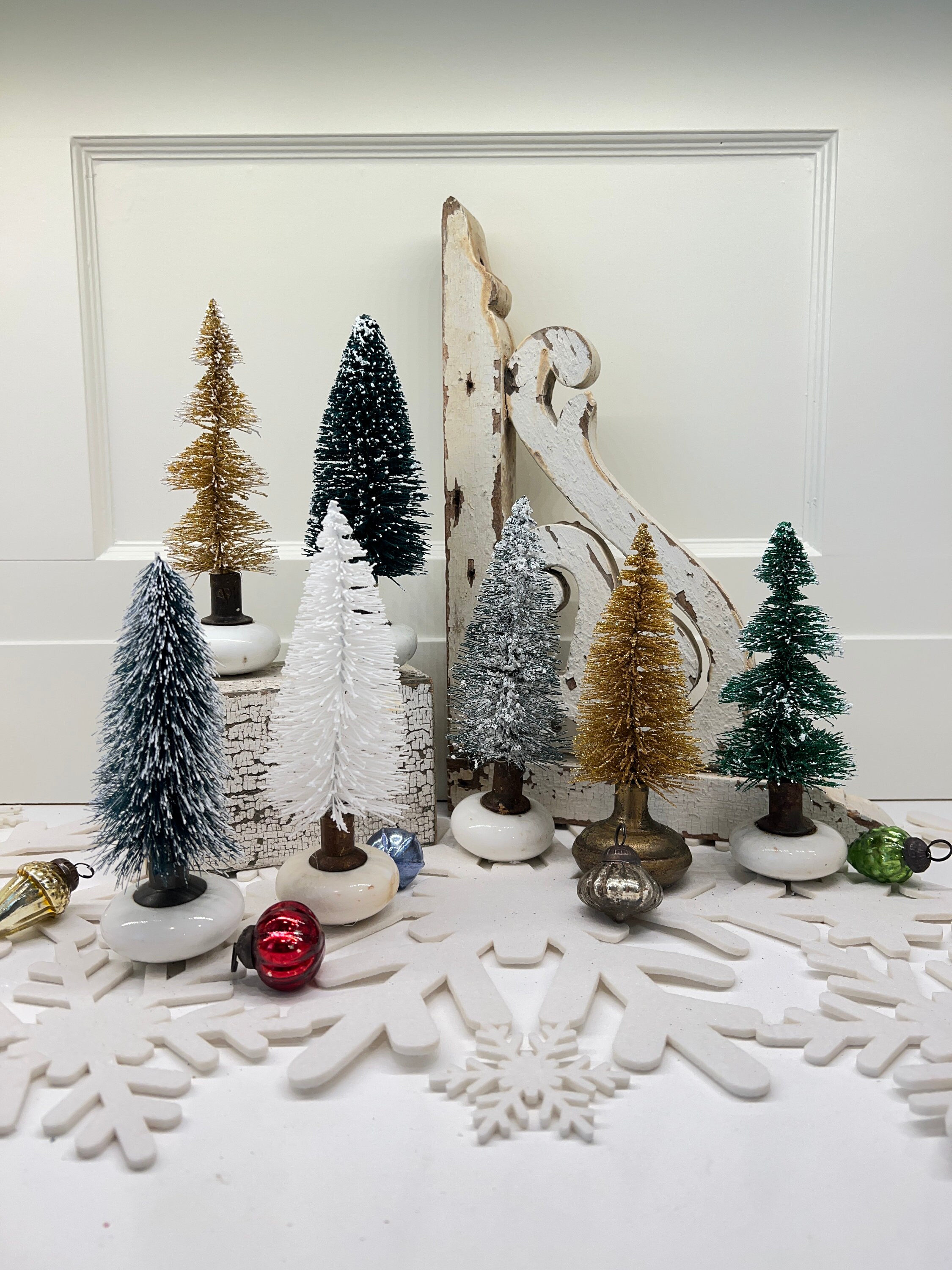 Christmas Bottle Brush Trees With Antique Porcelain Doorknobs