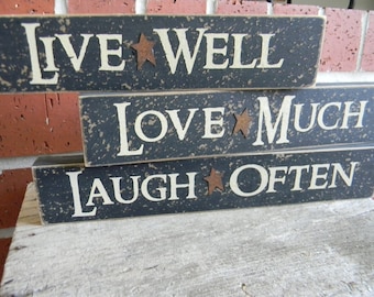 Live Well - Laugh Often - Love Much (set of 3) shelf sitter wood block signs