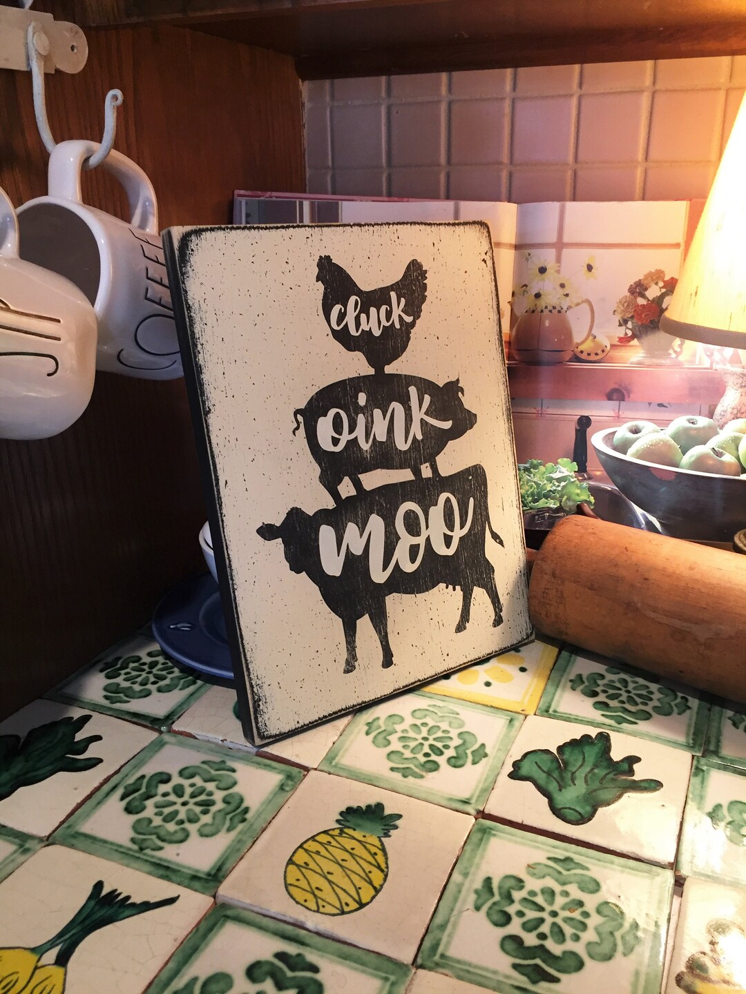 Farmhouse Kitchen Sign: Moo Cluck Oink, Rustic Wood Wall Art - Etsy
