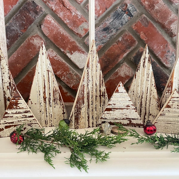 Vintage wooden Christmas Trees, Christmas tabletop decor, salvaged antique moulding, rustic farmhouse Christmas, Christmas vignette