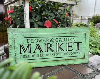 Flower and Garden Market sign, rustic one of a kind hand painted 9"x18.5" sign, antique garden decorations, potting shed, garden shed decor