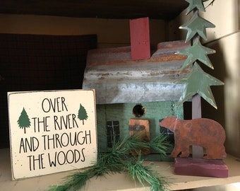 Hand Painted Mountain Cabin Sign: Over the river and through the woods mini 5" Wood Sign