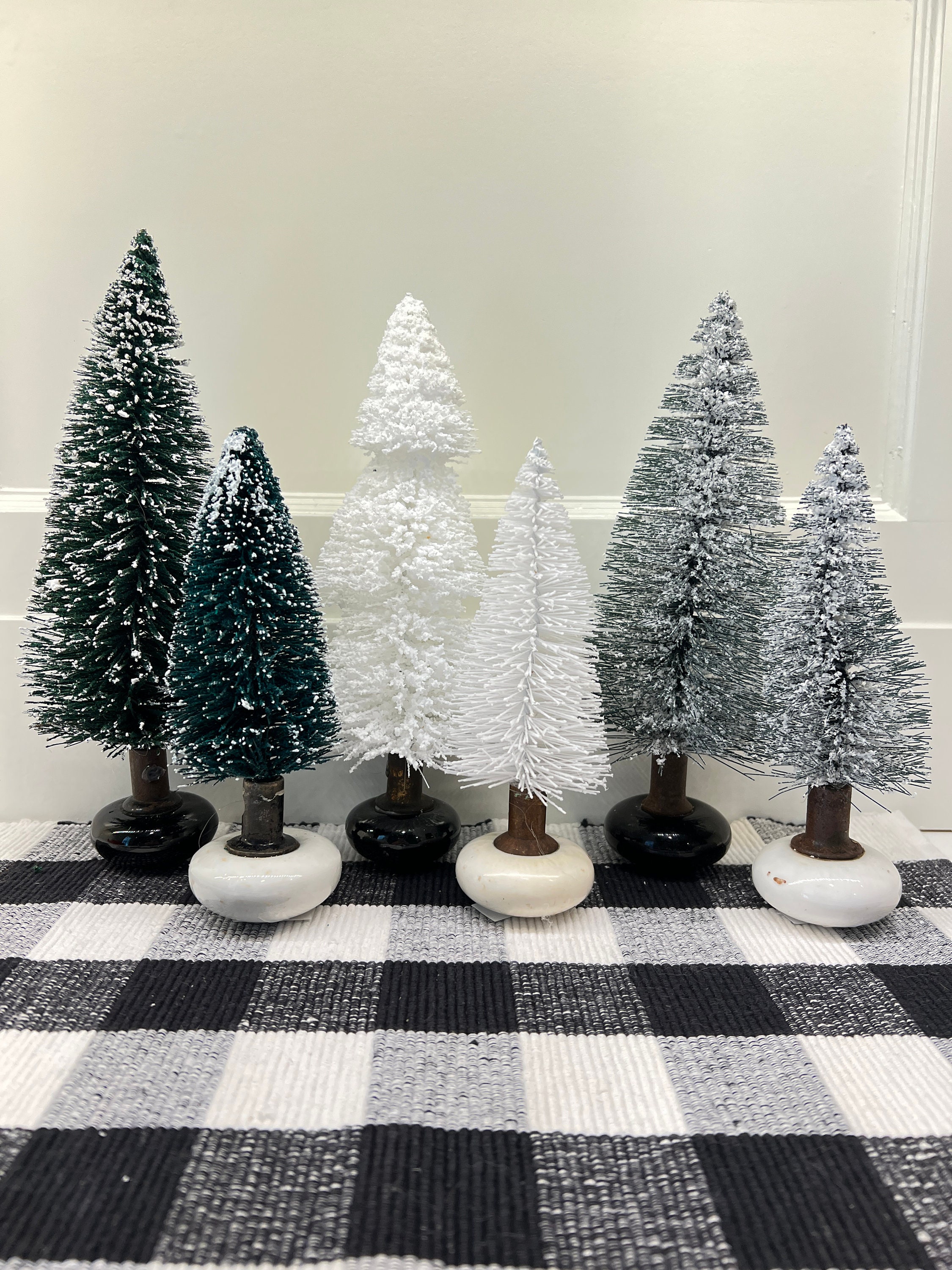 Christmas Bottle Brush Trees With Antique Porcelain Doorknobs