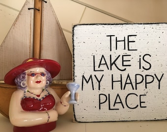 The lake is my happy place mini 5" sign, Lake House decor, lake wall art, lake farmhouse decor, rustic white cottage