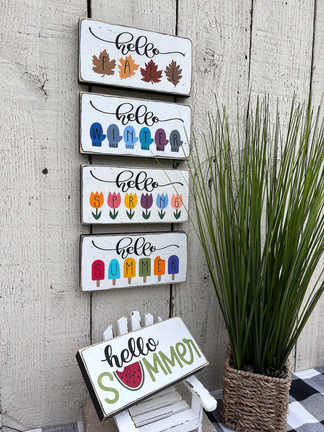 Tier Signs Mini Seasonal Tier Tray Signs: Hand Painted Distressed Wood Spring ...