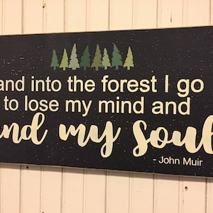 Entro en el bosque, pierdo la cabeza y encuentro mi alma, cita de John Muir, cita de aventura, letrero de madera de 9 x 18, decoración de montaña, letrero de naturaleza