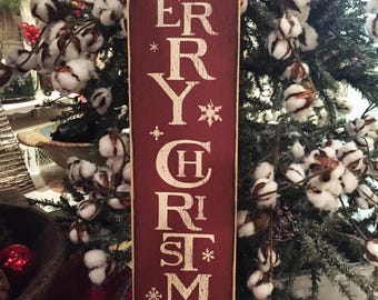 Hand Painted Merry Christmas Sign: Rustic Farmhouse Vertical Decor, Whimsical Porch Sign