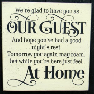 We're glad to have you as our guest, lake house, beach house, bed and breakfast sign, guest room sign 11x11 image 1