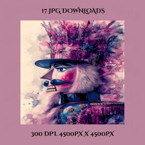 May include: Watercolor illustration of a nutcracker in profile, featuring a blue hat, a long nose, and a large mustache. The nutcracker's uniform is blue with gold accents and a pink fringe. The image includes the text "17 JPG DOWNLOADS" and "300 DPI. 4500PX X 4500PX".