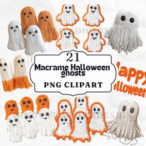 Könnte beinhalten: 21 digitale Clipart-Bilder von Makramee-Geistern in verschiedenen Posen. Die Geister sind weiß mit orangefarbenen Akzenten und haben schwarze Augen. Der Text "21 Macrame Halloween ghosts PNG CLIPART" befindet sich in der Mitte des Bildes.