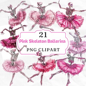 May include: 21 digital illustrations of pink skeleton ballerinas. Each ballerina is wearing a pink tutu with glitter and is in a different pose. The illustrations are in a cartoon style and are perfect for use in digital scrapbooking, card making, and other craft projects.