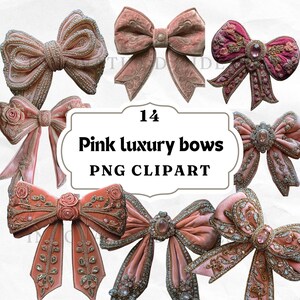 Peut inclure: Un ensemble de 14 nœuds de luxe roses avec divers embellissements, notamment des perles, des strass et du velours. Les nœuds sont parfaits pour ajouter une touche d'élégance à tout projet.