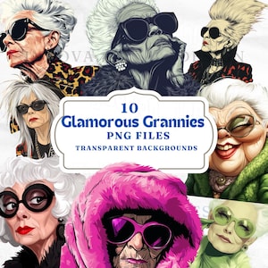 Pacchetto PNG clipart, illustrazione della nonna glamour, arte senior retrò chic, pop art clipart, stampa a sublimazione, vecchia nonna, biglietto per la festa della mamma,