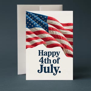 Tarjeta del 4 de Julio. Tarjeta de celebración. Descarga digital. Tarjeta del Día de la Independencia. Tarjeta con la bandera estadounidense. Tarjeta para imprimir en casa. Tarjeta patriótica de EE. UU.