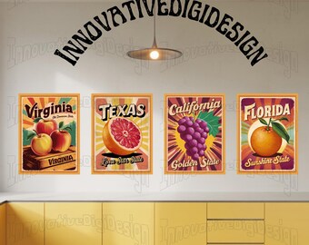 May include: Four vintage-style posters featuring fruit and state names: Virginia with apples, Texas with grapefruit, California with grapes, and Florida with an orange. The posters have a retro design with a distressed look.