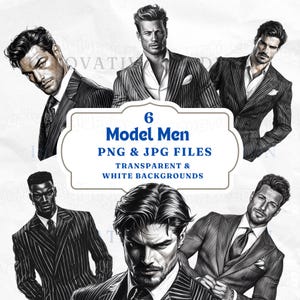 Männliches Model Porträt Clipart PNG und JPG Datei. Handsome Gentleman Artwork, Digital Art, Sublimationsdruck, Grußkartendesign, schwarz und weiß,