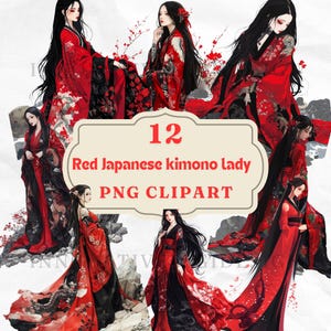 Japanese lady bundle, kimono Clipart, asian illustration, cultural Image, red dress PNG, high resolution, watercolour drawing, Commercial
