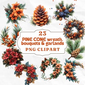 Pacchetto di clipart di pigne, clipart di ghirlande autunnali, decorazioni autunnali, decorazioni del Ringraziamento, ghirlande natalizie, bouquet di fiori, clipart di ghirlande, png commerciali